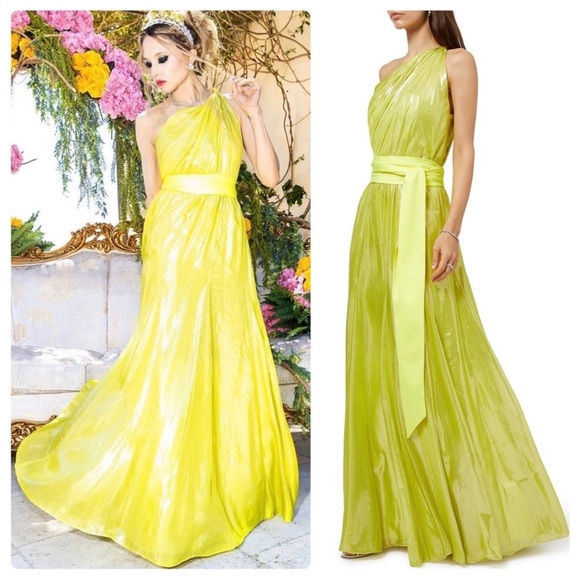 Alice & Olivia Milan One-Shoulder Gathered Metallic Gown in Lemon Sorbet - 4 - Picture 14 of 15